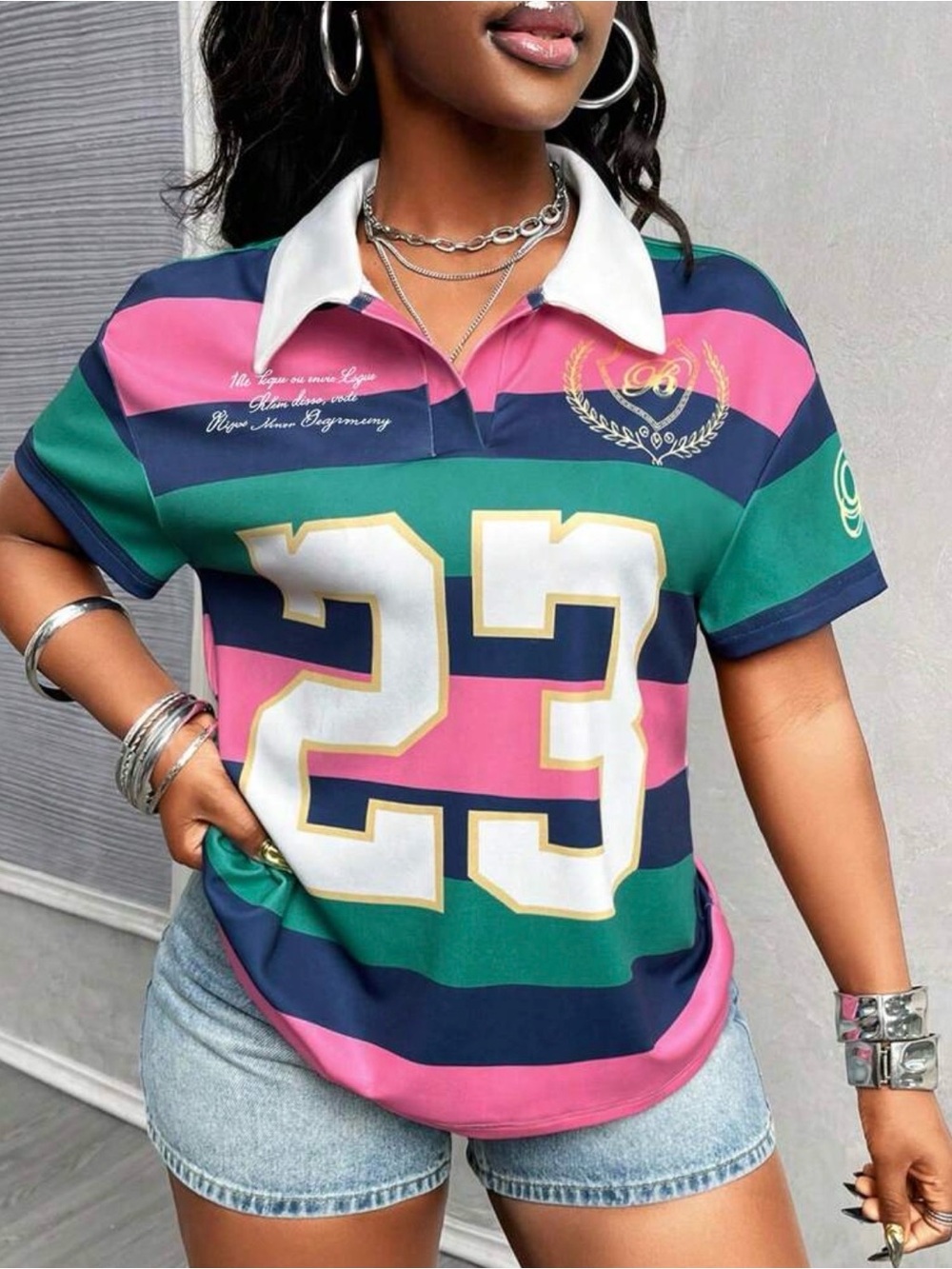 SHEIN Pink, Green & Navy Striped Polo Tee with Number 23